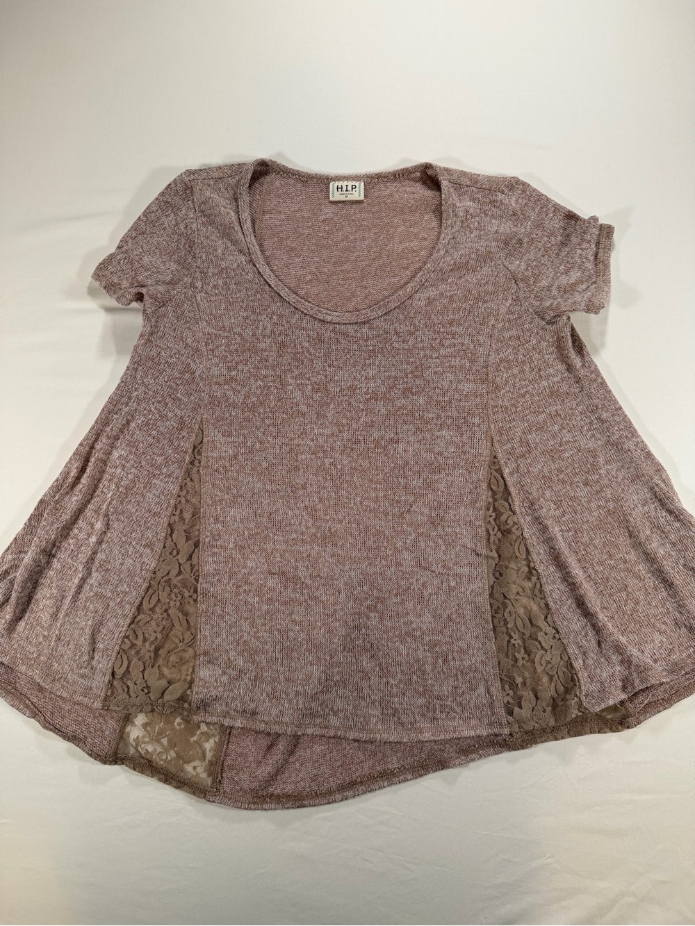h.i.p. Scoop Neck Short-Sleeve Tunic with Lace Panels - Mauve Heather